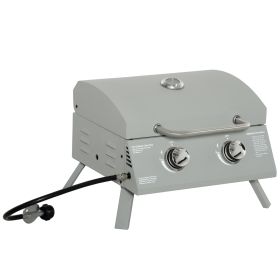 2 Burner Propane Gas Grill Portable Tabletop BBQ with Foldable Legs Lid Thermometer for Camping Light Grey